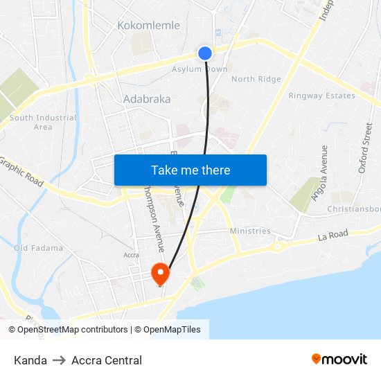 Kanda to Accra Central map
