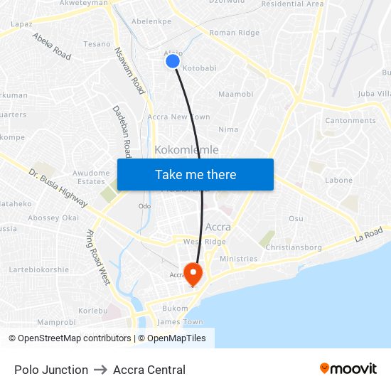 Polo Junction to Accra Central map