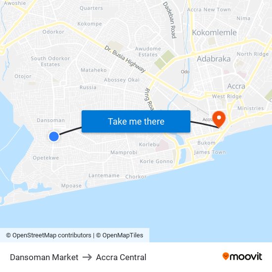 Dansoman Market to Accra Central map
