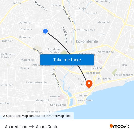 Asoredanho to Accra Central map