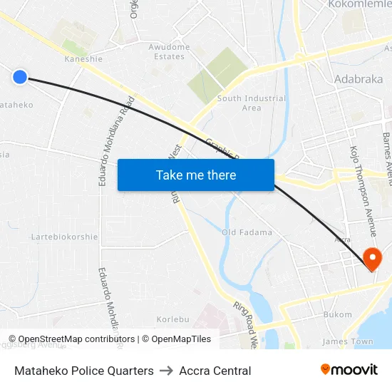 Mataheko Police Quarters to Accra Central map