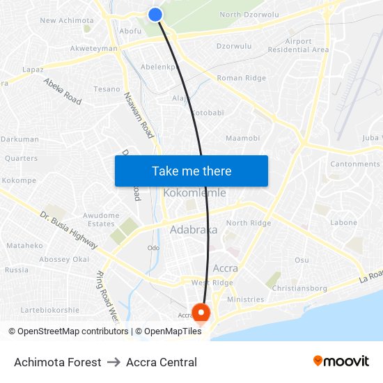 Achimota Forest to Accra Central map