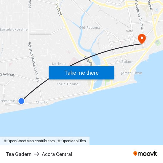 Tea Gadern to Accra Central map