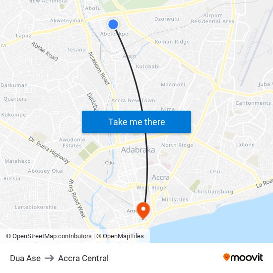 Dua Ase to Accra Central map
