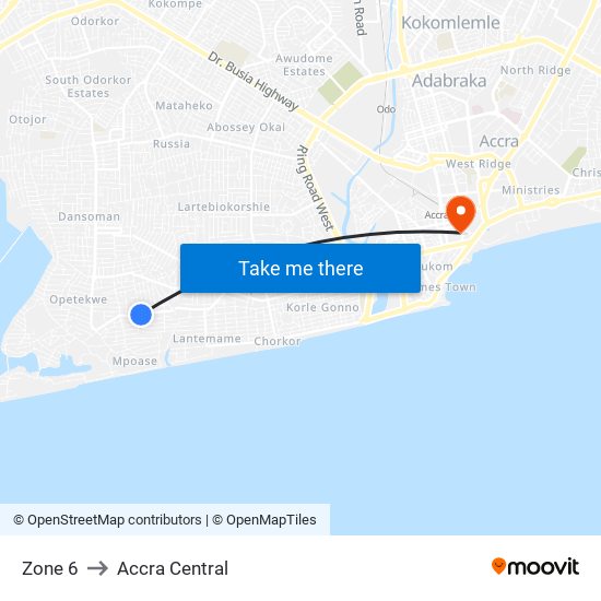 Zone 6 to Accra Central map