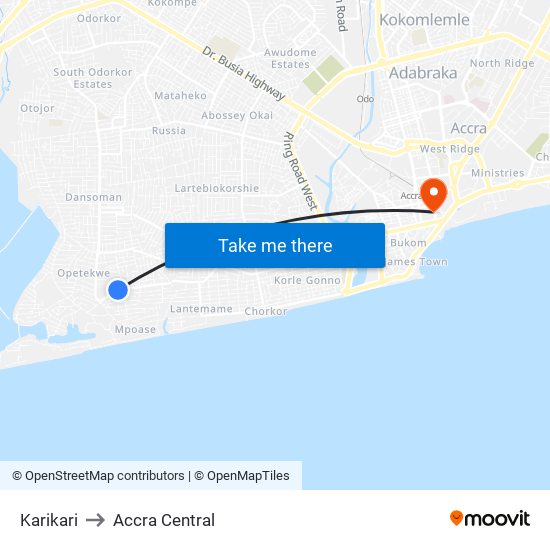 Karikari to Accra Central map