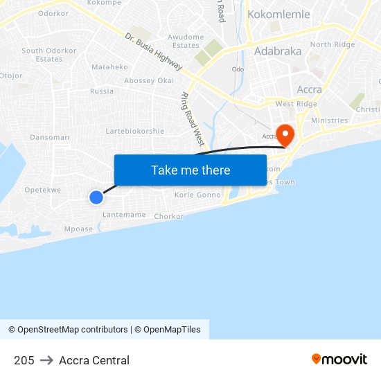 205 to Accra Central map