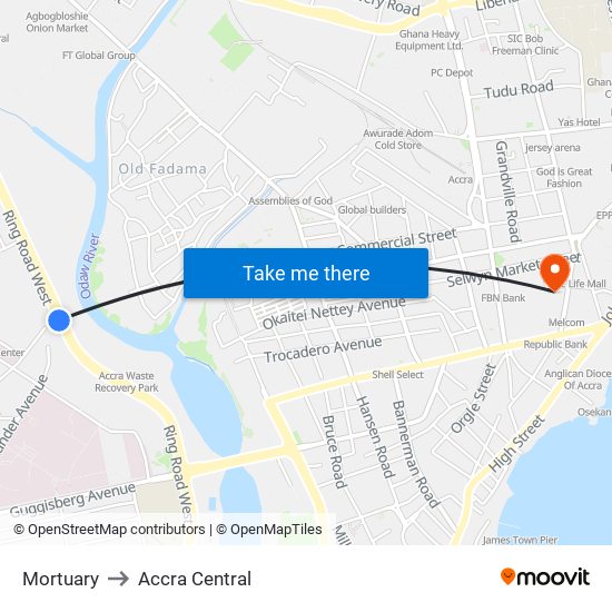 Mortuary to Accra Central map