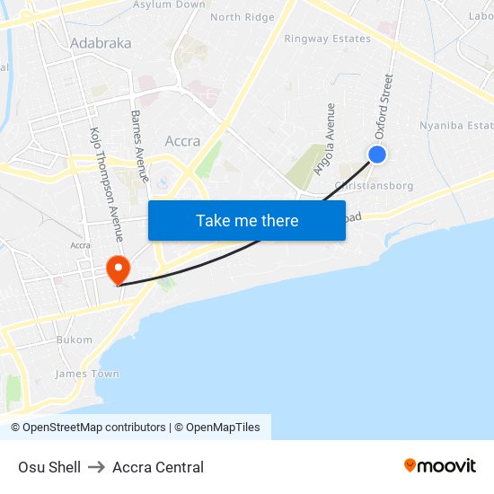 Osu Shell to Accra Central map