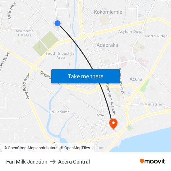 Fan Milk Junction to Accra Central map