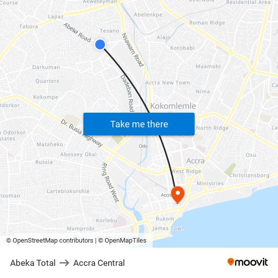 Abeka Total to Accra Central map