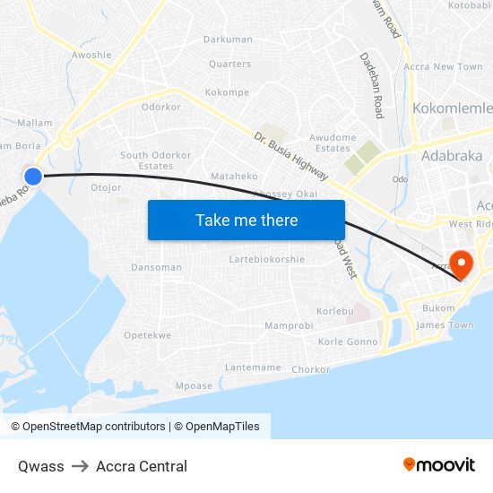 Qwass to Accra Central map