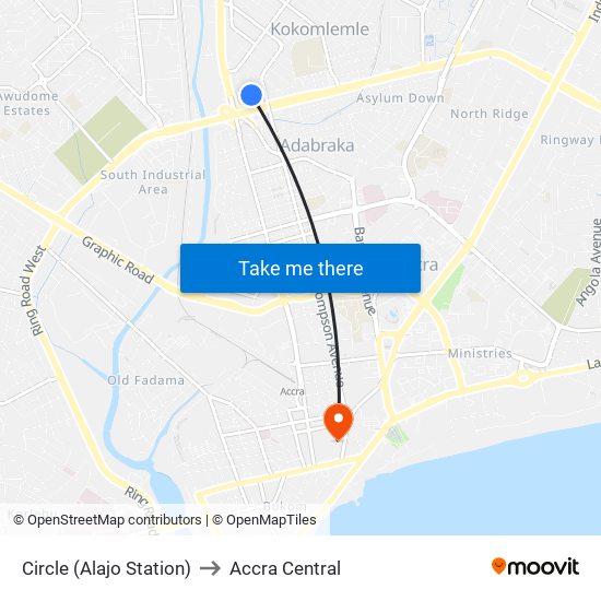 Circle (Alajo Station) to Accra Central map