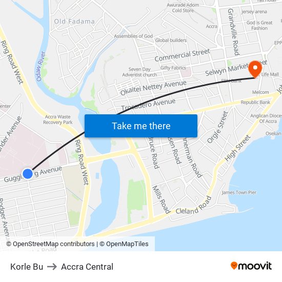Korle Bu to Accra Central map