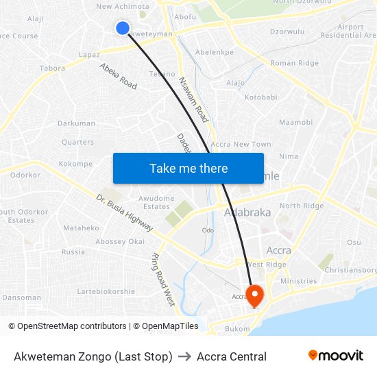 Akweteman Zongo (Last Stop) to Accra Central map