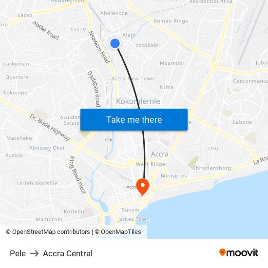 Pele to Accra Central map