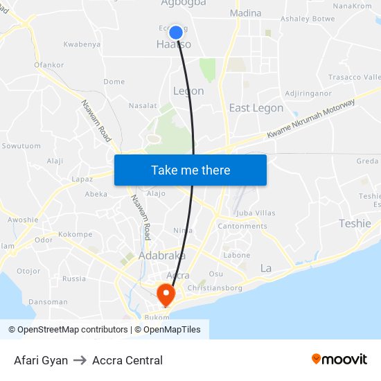Afari Gyan to Accra Central map