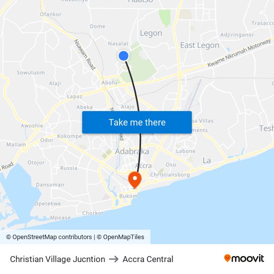 Christian Village Jucntion to Accra Central map