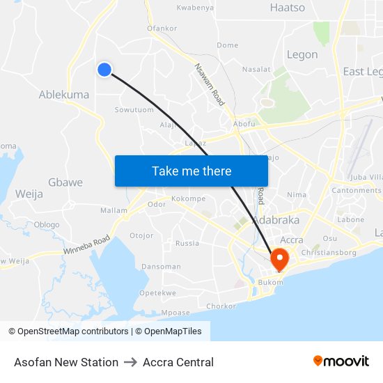 Asofan New Station to Accra Central map