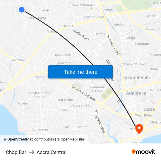 Chop Bar to Accra Central map