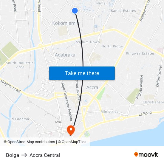 Bolga to Accra Central map