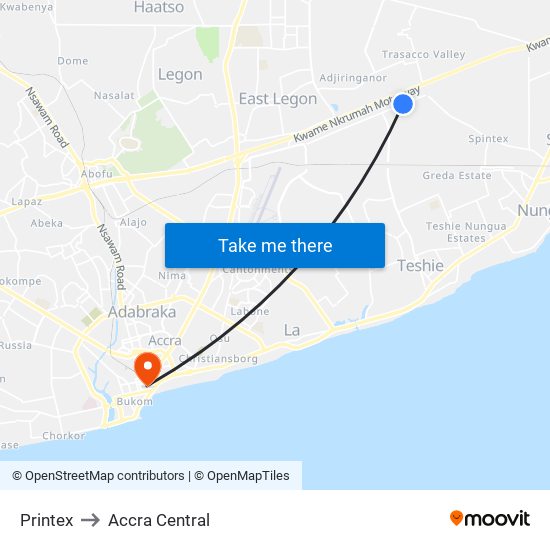 Printex to Accra Central map