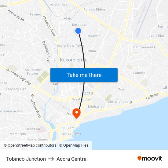 Tobinco Junction to Accra Central map