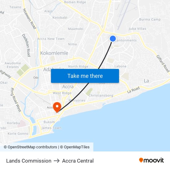 Lands Commission to Accra Central map