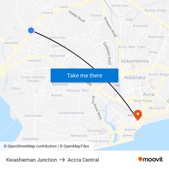 Kwashieman Junction to Accra Central map