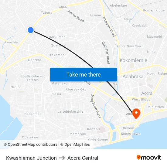 Kwashieman Junction to Accra Central map