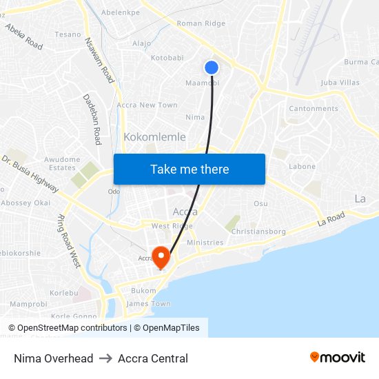Nima Overhead to Accra Central map