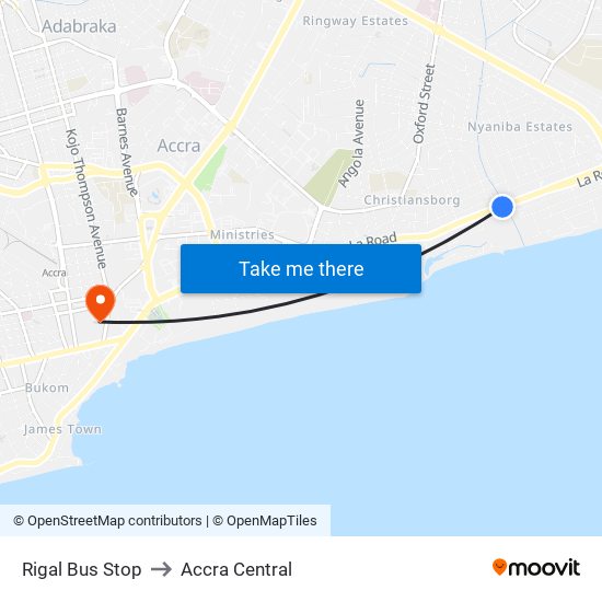Rigal Bus Stop to Accra Central map