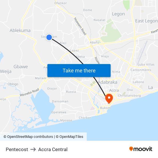 Pentecost to Accra Central map