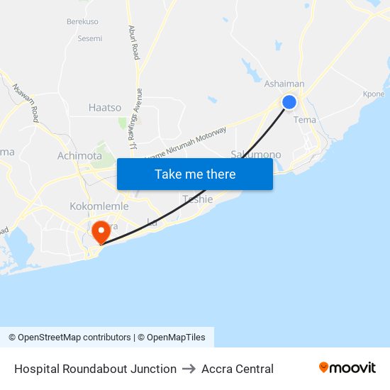 Hospital Roundabout Junction to Accra Central map