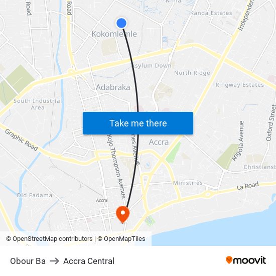 Obour Ba to Accra Central map