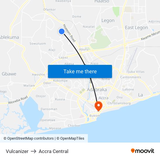 Vulcanizer to Accra Central map