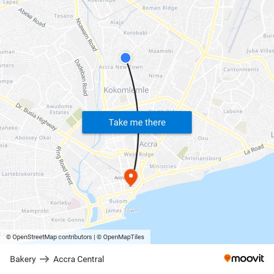 Bakery to Accra Central map