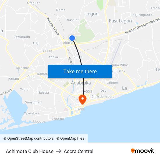 Achimota Club House to Accra Central map