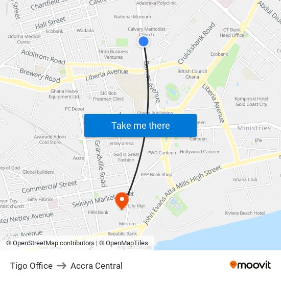 Tigo Office to Accra Central map