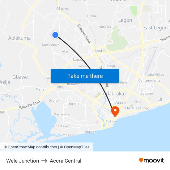 Wele Junction to Accra Central map