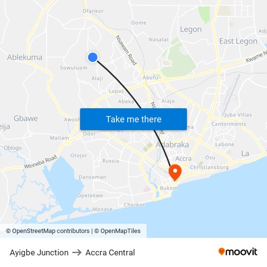 Ayigbe Junction to Accra Central map