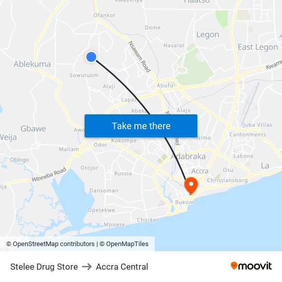 Stelee Drug Store to Accra Central map