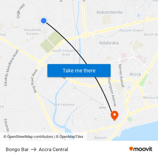 Bongo Bar to Accra Central map