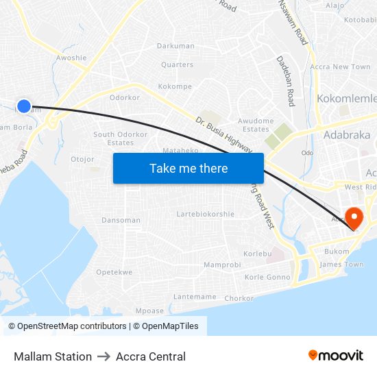 Mallam Station to Accra Central map