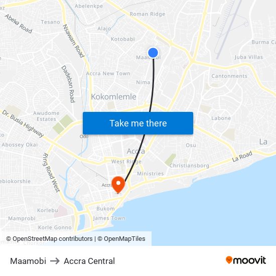Maamobi to Accra Central map