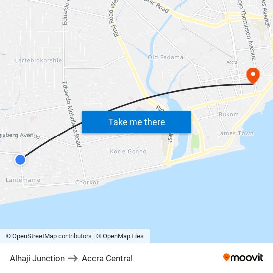 Alhaji Junction to Accra Central map