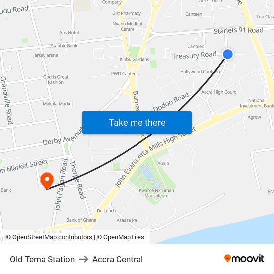 Old Tema Station to Accra Central map