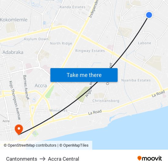 Cantonments to Accra Central map