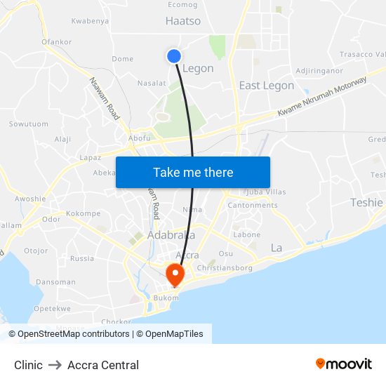Clinic to Accra Central map