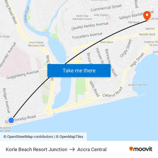 Korle Beach Resort Junction to Accra Central map